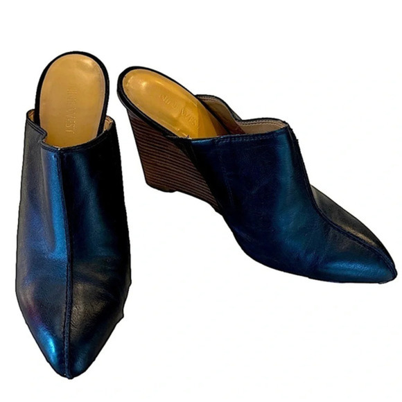 Nine West Salome Black Leather Slip On Mules Wedges Women's shoes Size 8 M - Picture 1 of 7